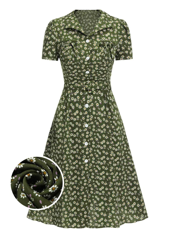 Green 1940s Lapel Buttons Ditsy Floral Dress sold by Retro Stage