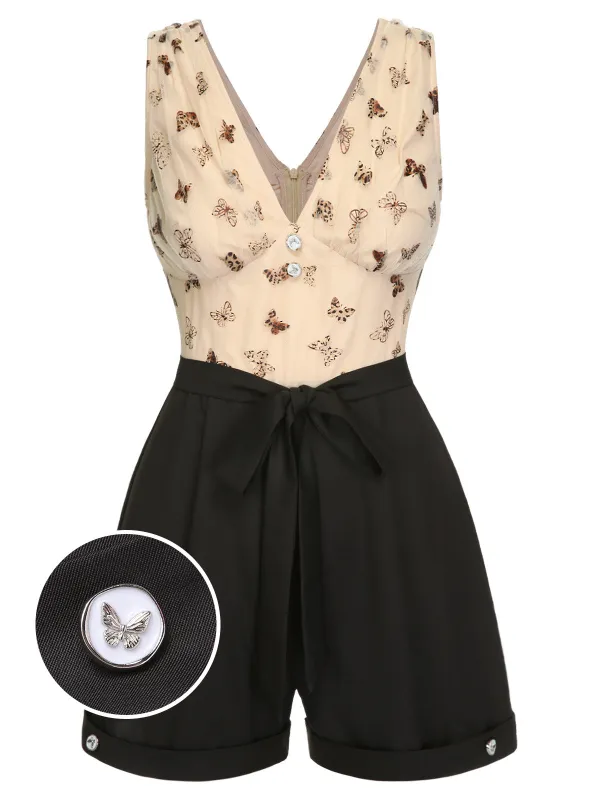 Beige 1950s Butterfly Mesh V-Neck Romper sold by Retro Stage