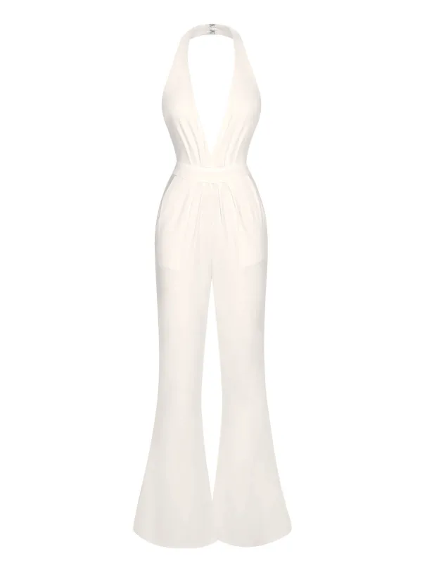 1930s Solid Deep V-Neck Halter Jumpsuit sold by Retro Stage