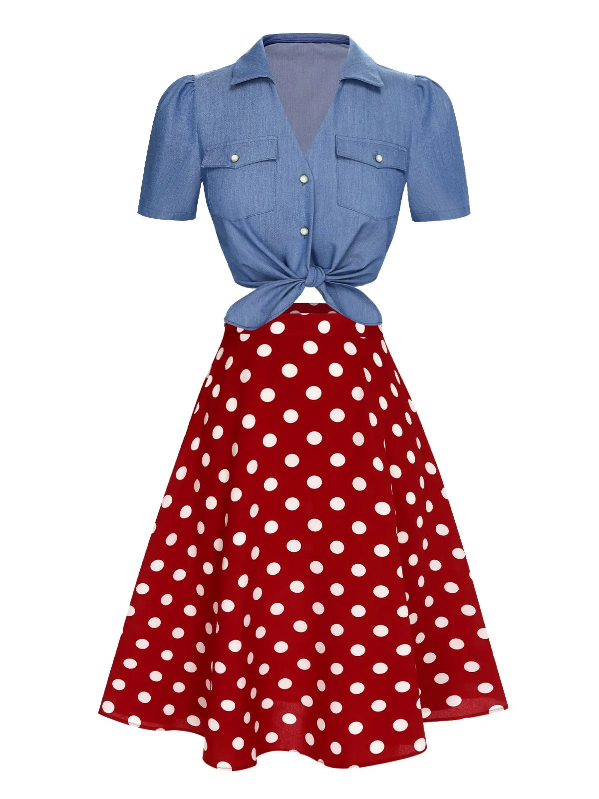 2PCS 1950s Solid Blouse & Polka Dot Skirt sold by Retro Stage product image thumbnail 2