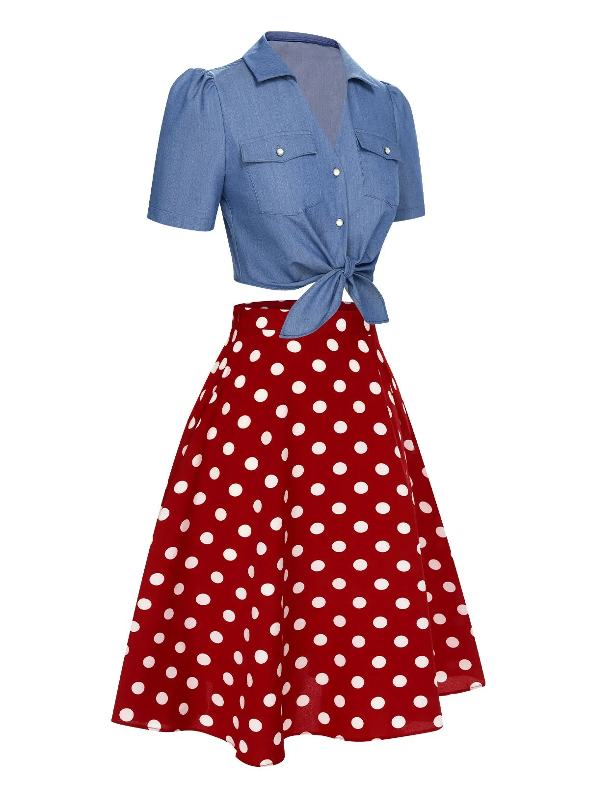 2PCS 1950s Solid Blouse & Polka Dot Skirt sold by Retro Stage product image thumbnail 3