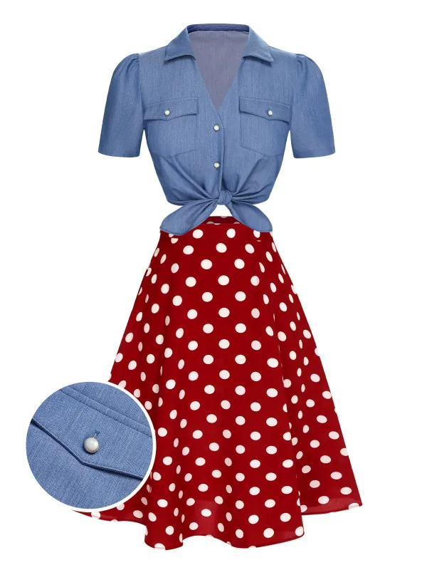 2PCS 1950s Solid Blouse & Polka Dot Skirt sold by Retro Stage