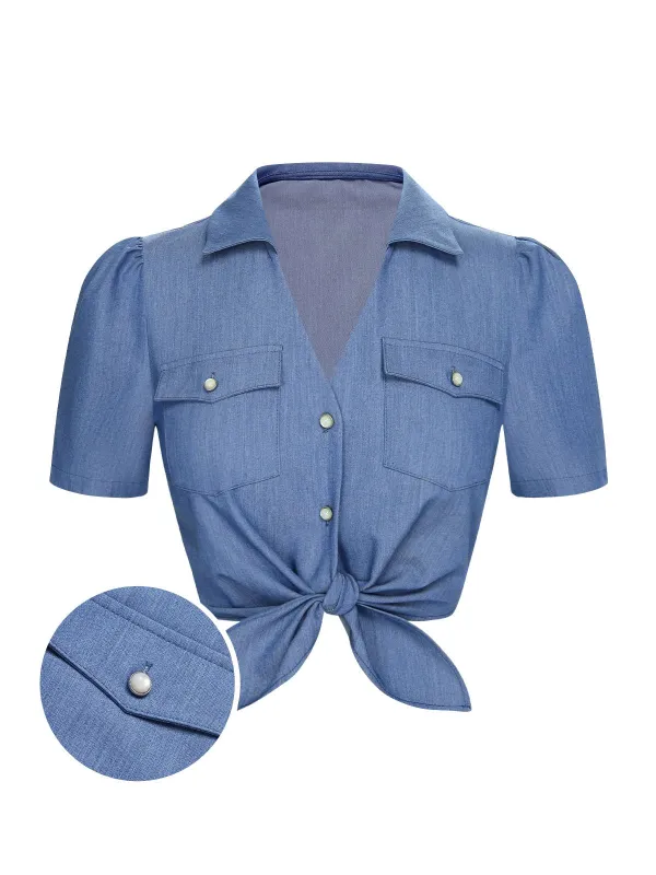 Blue 1950s Solid Waist Tie Lapel Blouse sold by Retro Stage