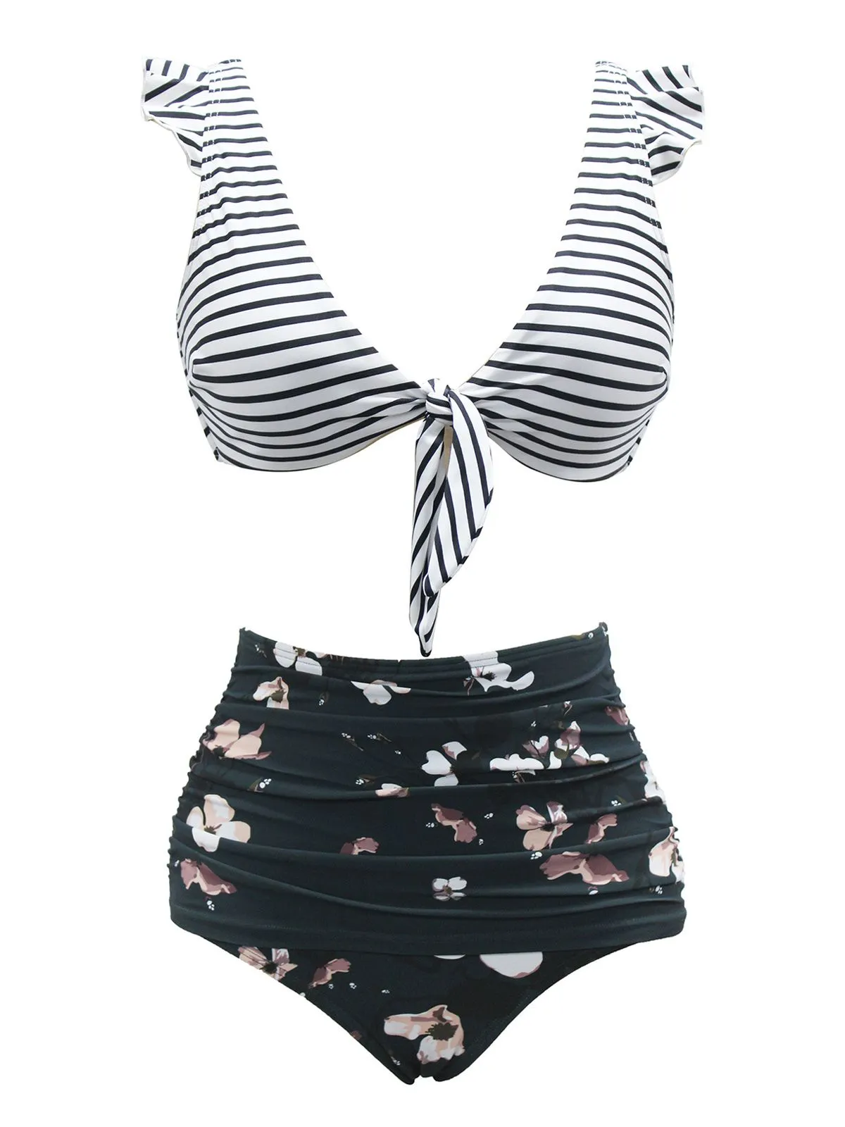 1970s Strap Stripes Floral Swimsuit sold by Retro Stage