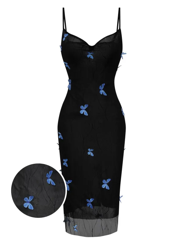Black 1930s Butterfly Mesh Strap Dress sold by Retro Stage