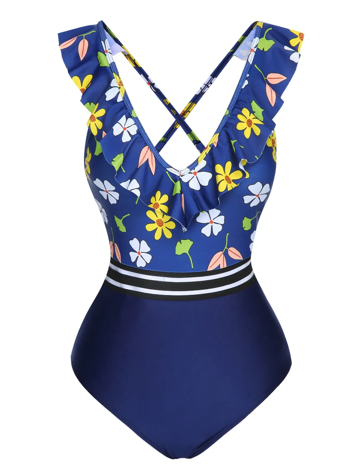 Blue 1970s Flowers Patchwork One-Piece Swimsuit sold by Retro Stage