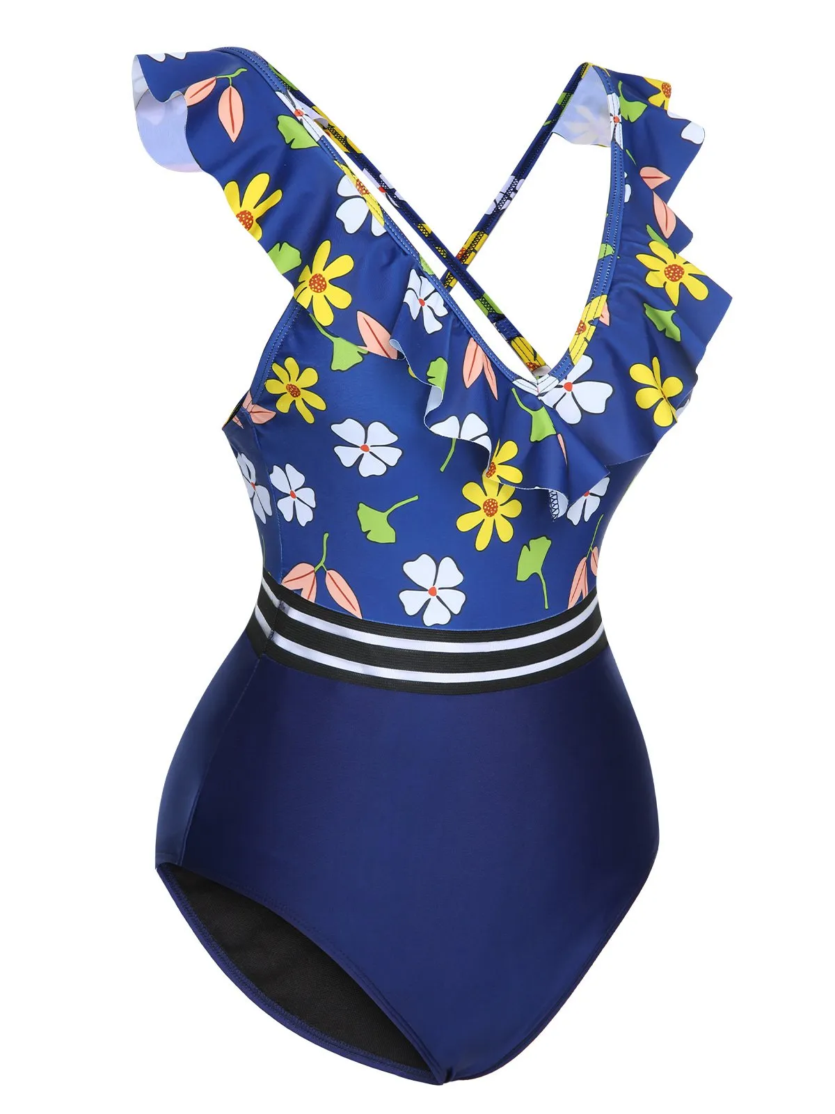 Blue 1970s Flowers Patchwork One-Piece Swimsuit sold by Retro Stage product image thumbnail 2
