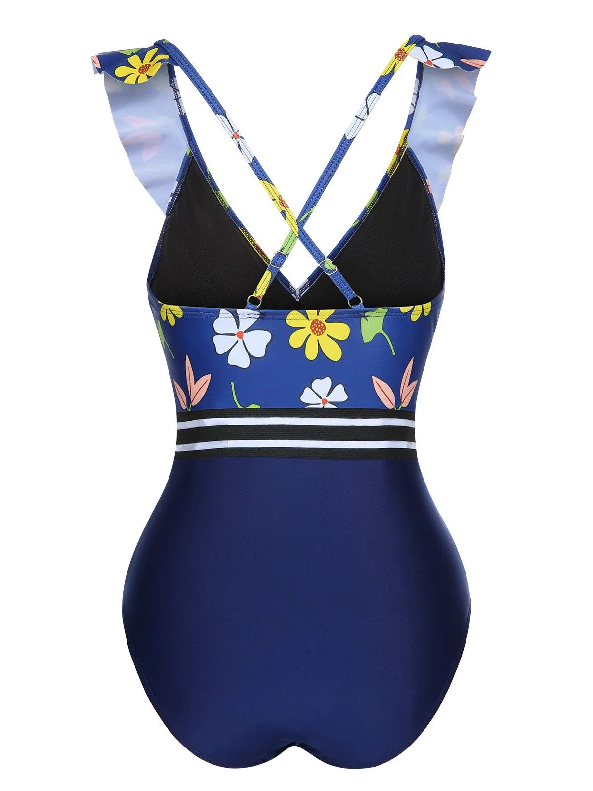 Blue 1970s Flowers Patchwork One-Piece Swimsuit sold by Retro Stage product image thumbnail 3