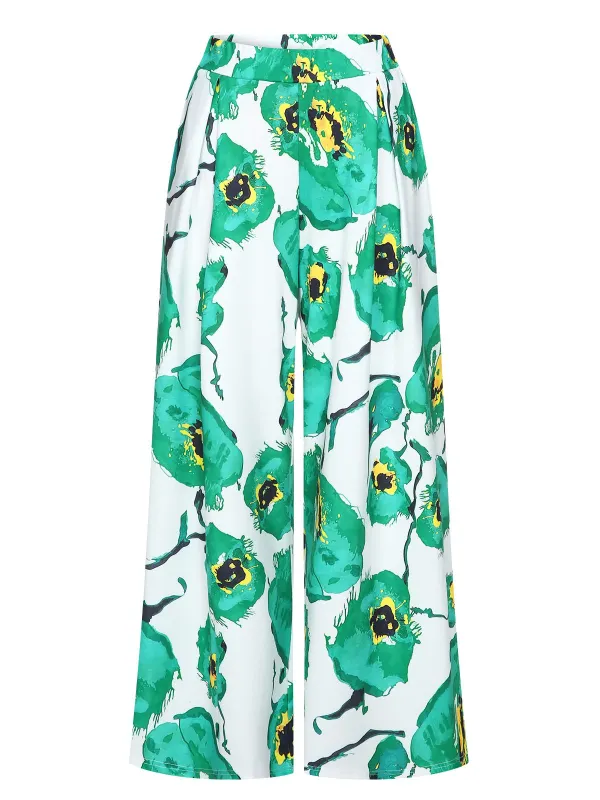 Green 1970s Oil Painting Floral Wide-Leg Pants sold by Retro Stage