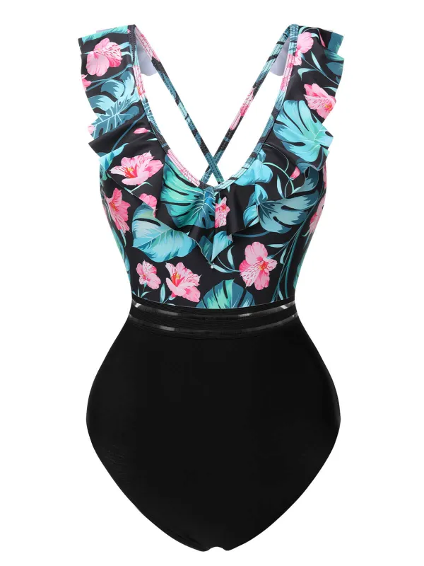 Multicolor 1950s Tropical Ruffle Swimsuit sold by Retro Stage