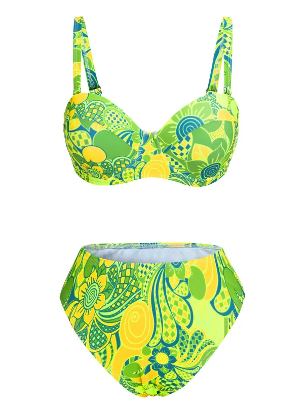 Fluorescent Green 1980s Floral Bikini Set sold by Retro Stage