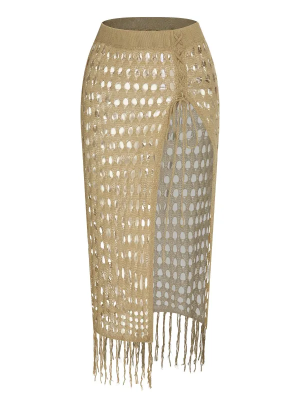 Khaki 1950s Knitted Tassel Hollow Cover-Up sold by Retro Stage