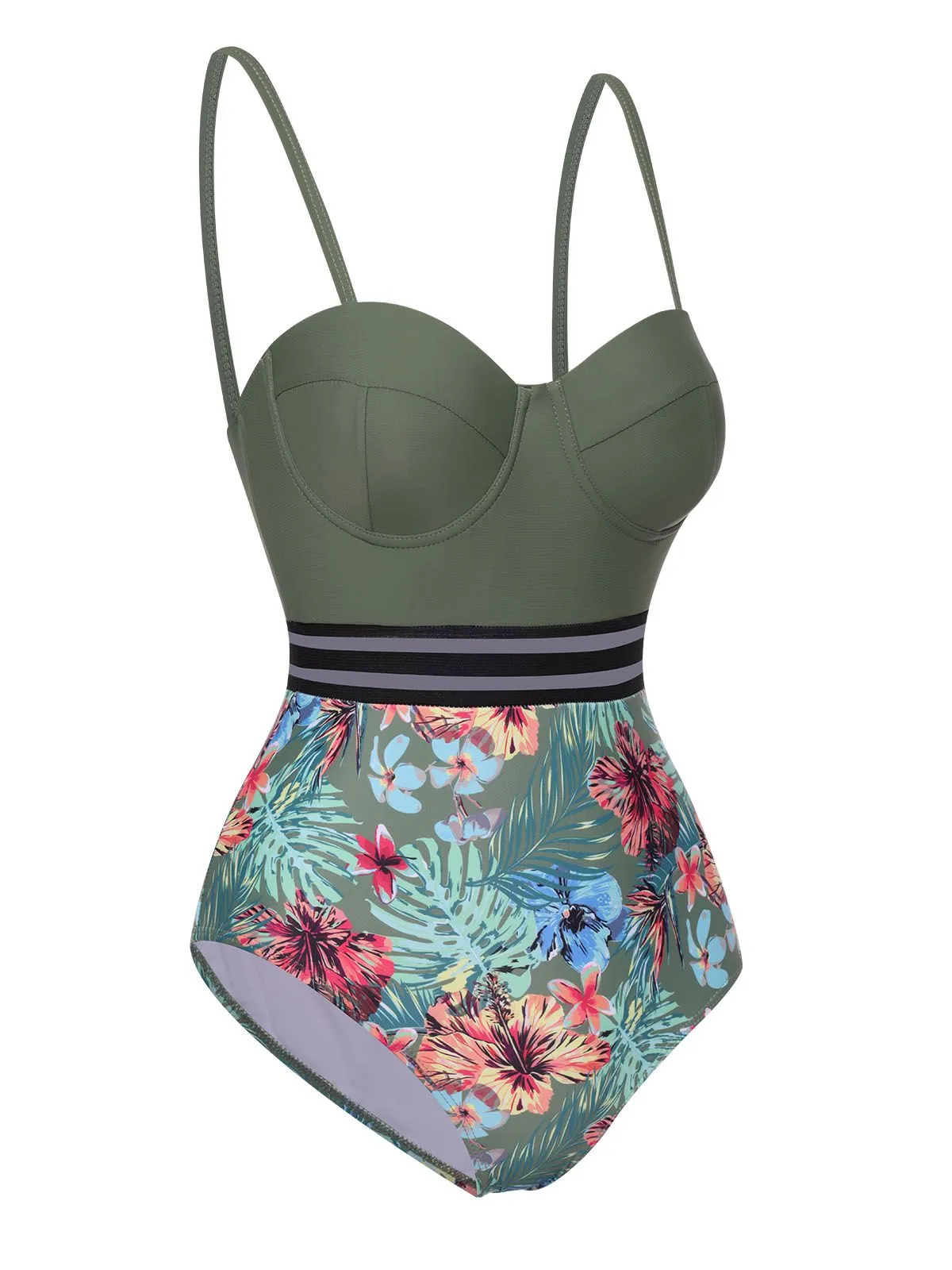 Green 1970s Tropical Patchwork Strap Swimsuit sold by Retro Stage product image thumbnail 3