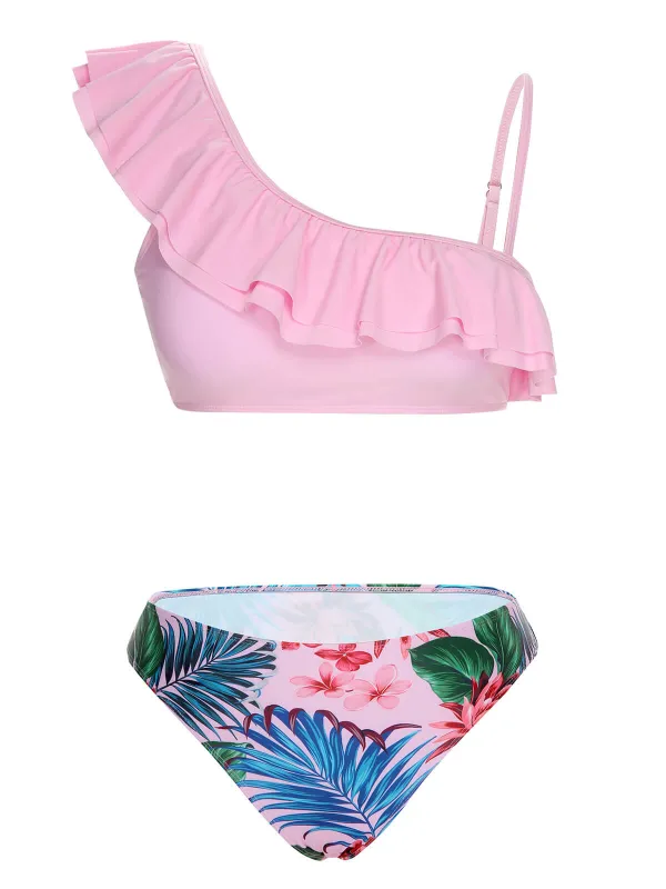 Pink 1960s Tropical Plants Ruffles Swimsuit sold by Retro Stage