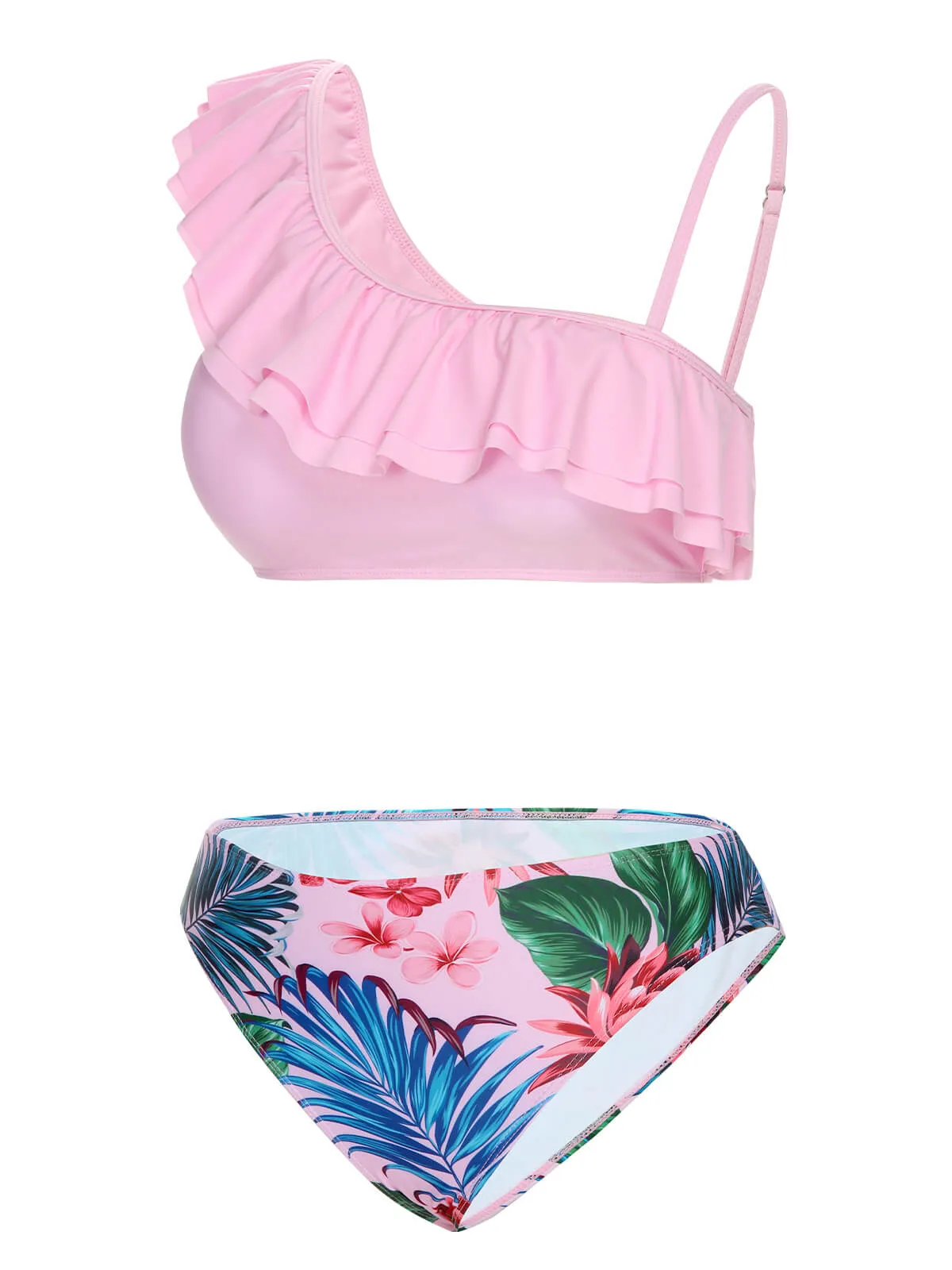 Pink 1960s Tropical Plants Ruffles Swimsuit sold by Retro Stage product image thumbnail 2