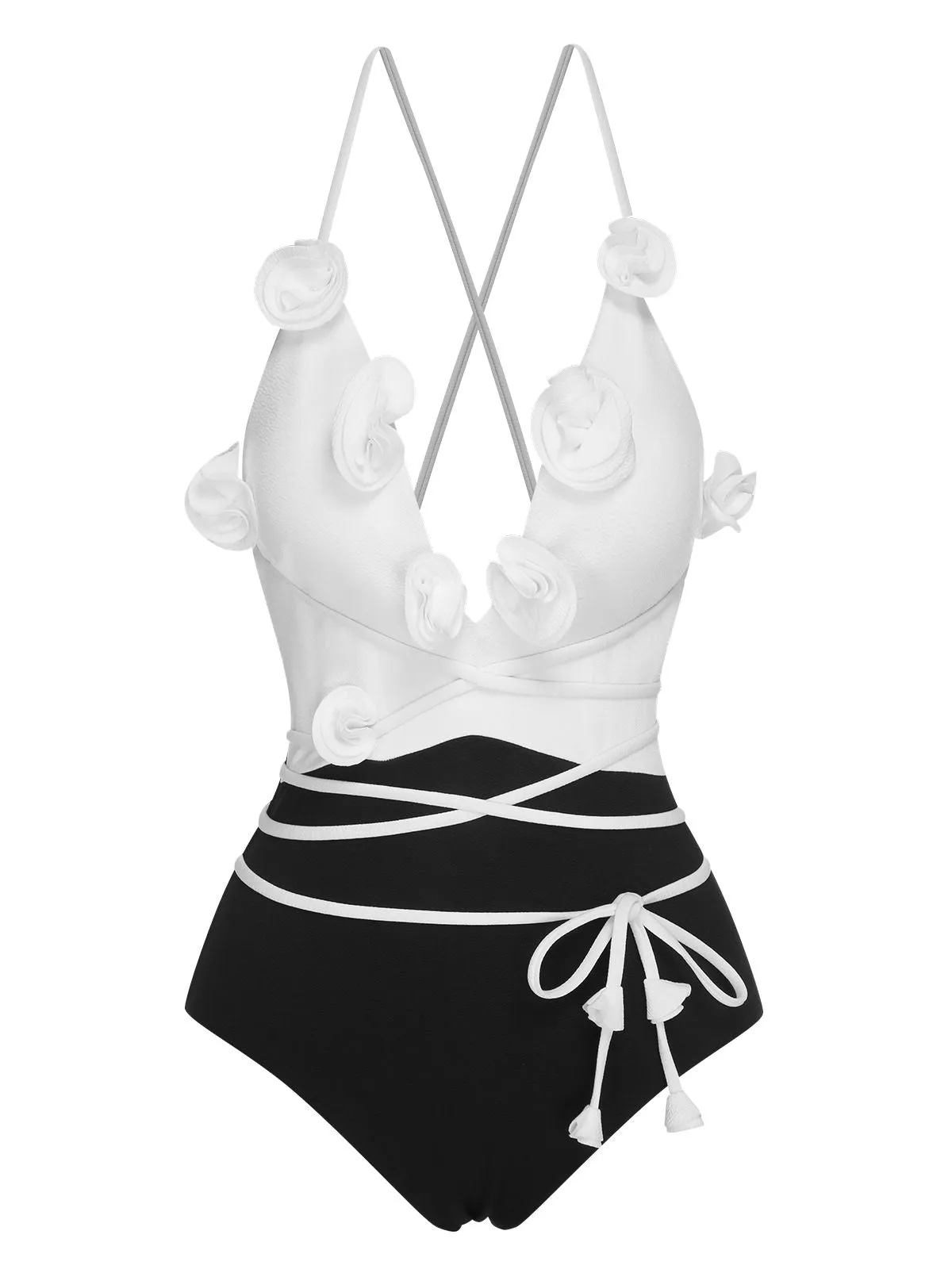 Black & White 1950s 3D Flowers Lace-Up Swimsuit sold by Retro Stage