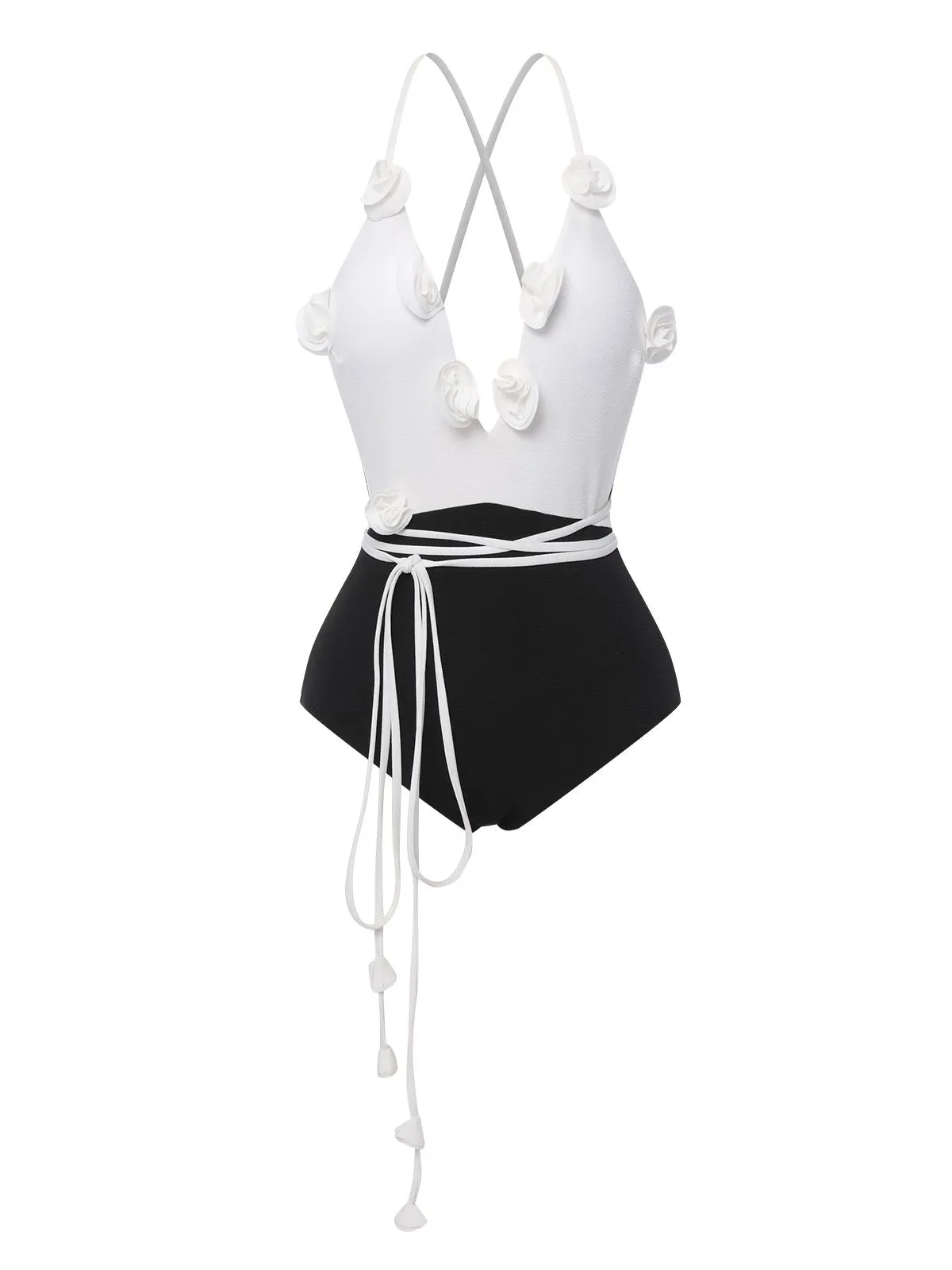 Black & White 1950s 3D Flowers Lace-Up Swimsuit sold by Retro Stage product image thumbnail 3