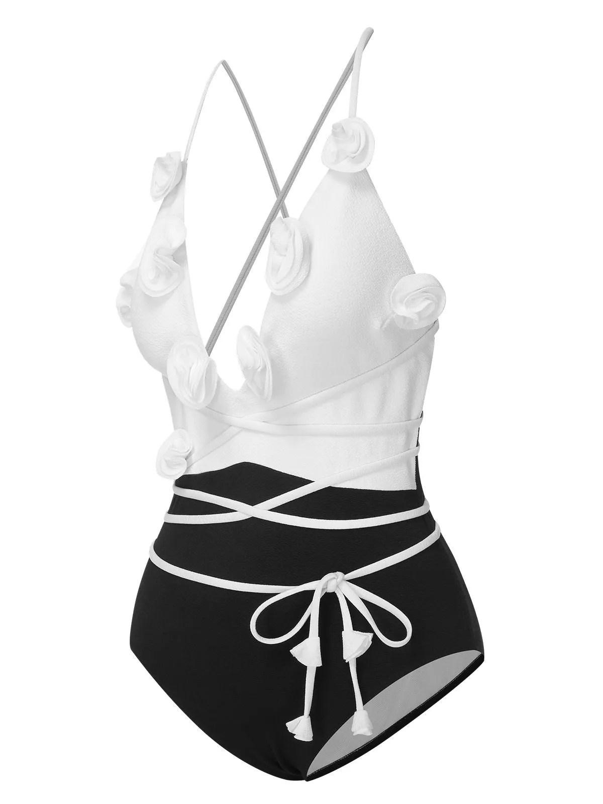 Black & White 1950s 3D Flowers Lace-Up Swimsuit sold by Retro Stage product image thumbnail 2