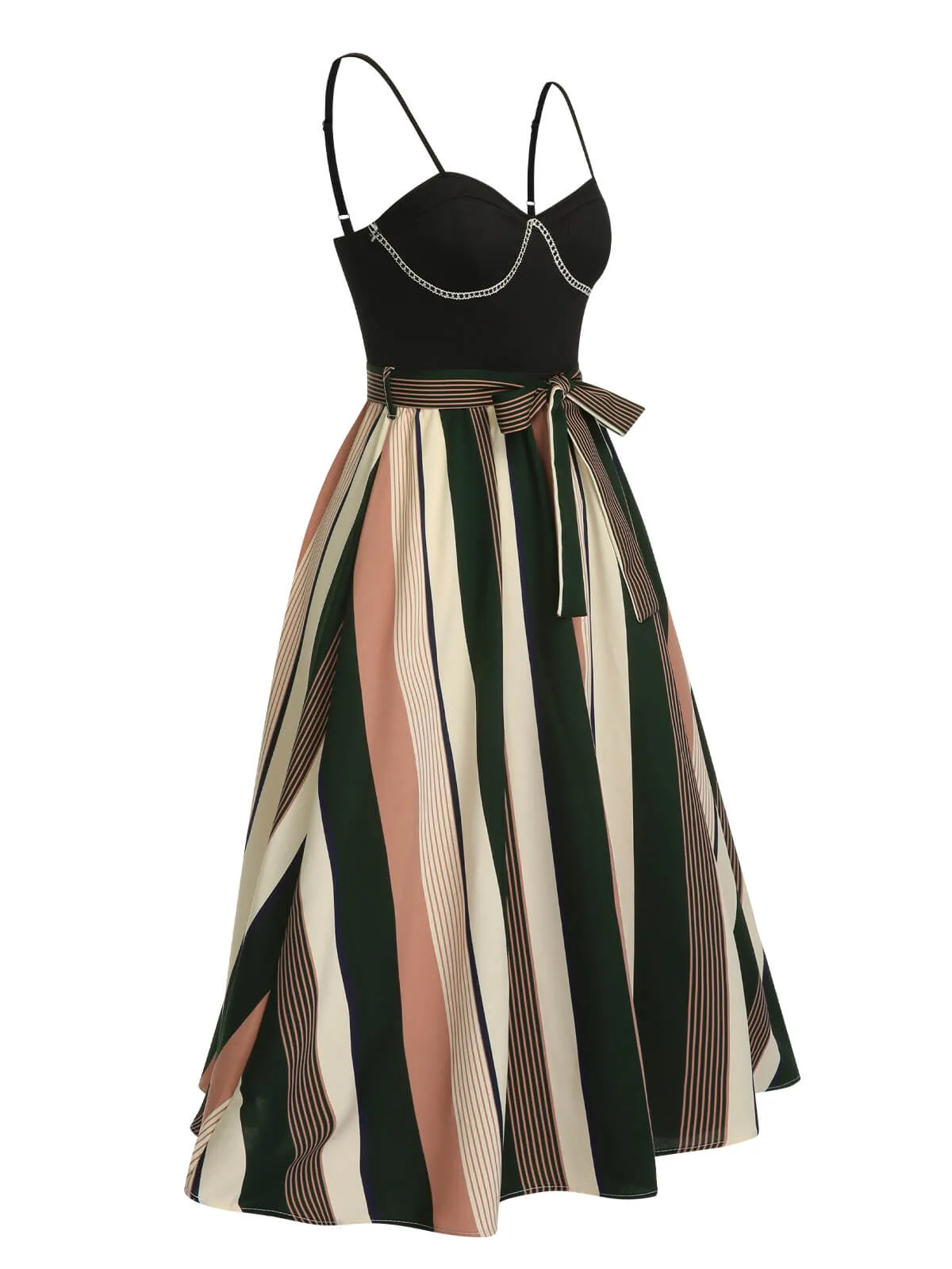 Black 1940s Waist Tie Stripe Straps Dress sold by Retro Stage product image thumbnail 2