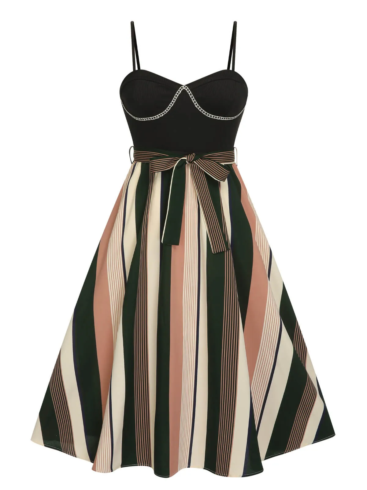 Black 1940s Waist Tie Stripe Straps Dress sold by Retro Stage
