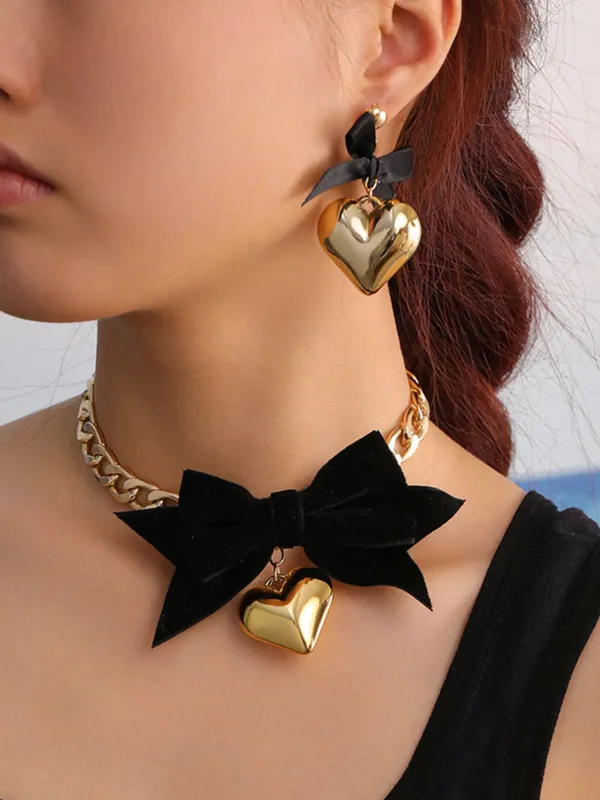 Bow Heart Necklace Earrings Set sold by Retro Stage