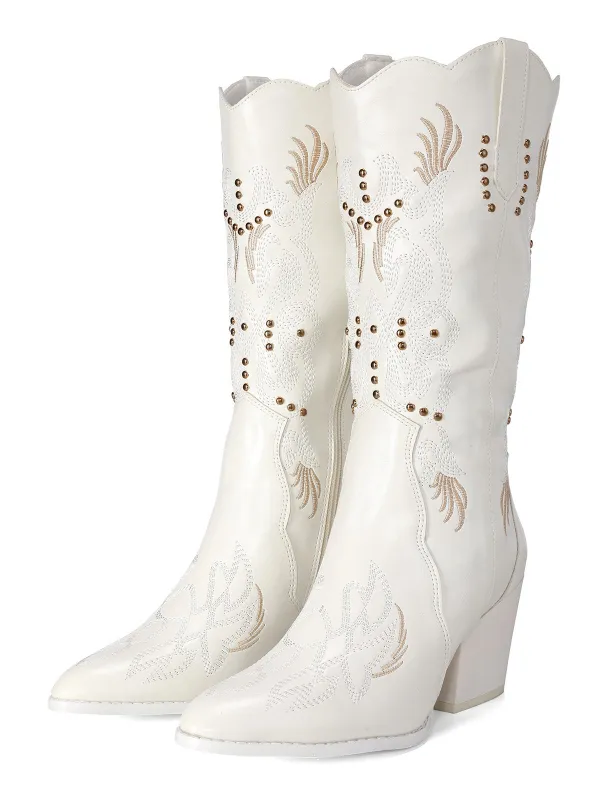 White Embroidered Flower Leather Cowboy Boots sold by Retro Stage