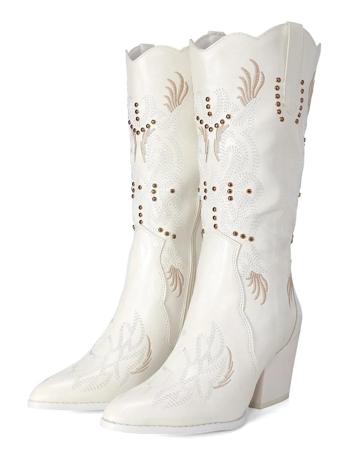 White Embroidered Flower Leather Cowboy Boots sold by Retro Stage