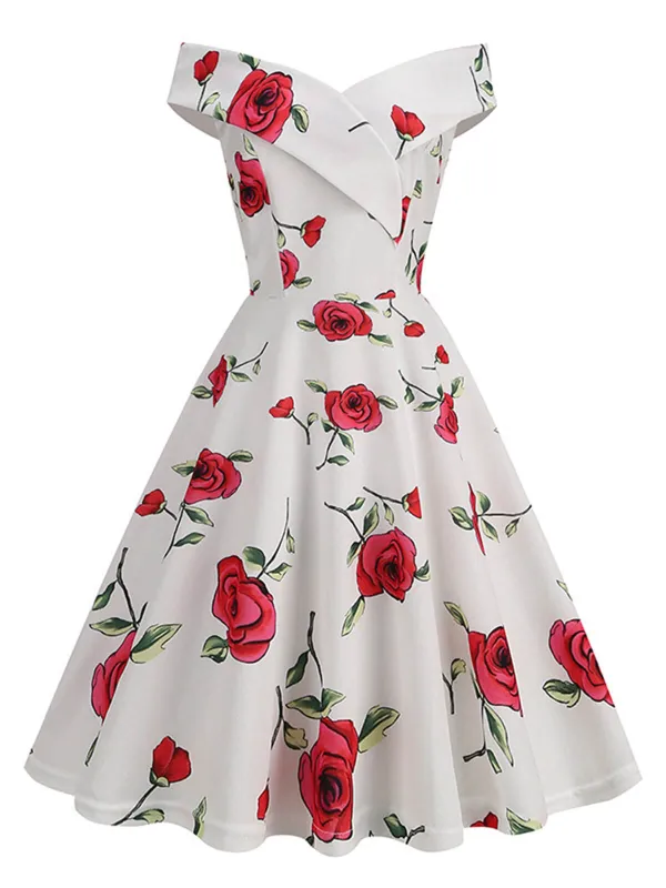 White 1950s Roses Off-Shoulder Dress sold by Retro Stage