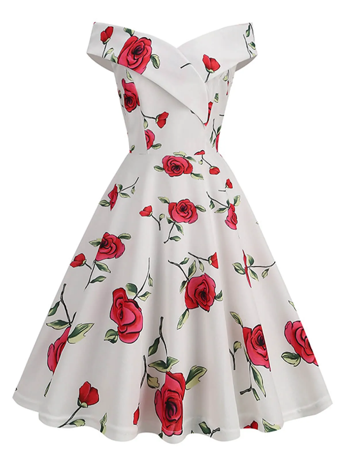 White 1950s Roses Off-Shoulder Dress sold by Retro Stage