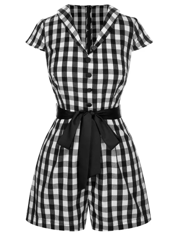 Black 1940s Lapel Plaids Belted Romper sold by Retro Stage
