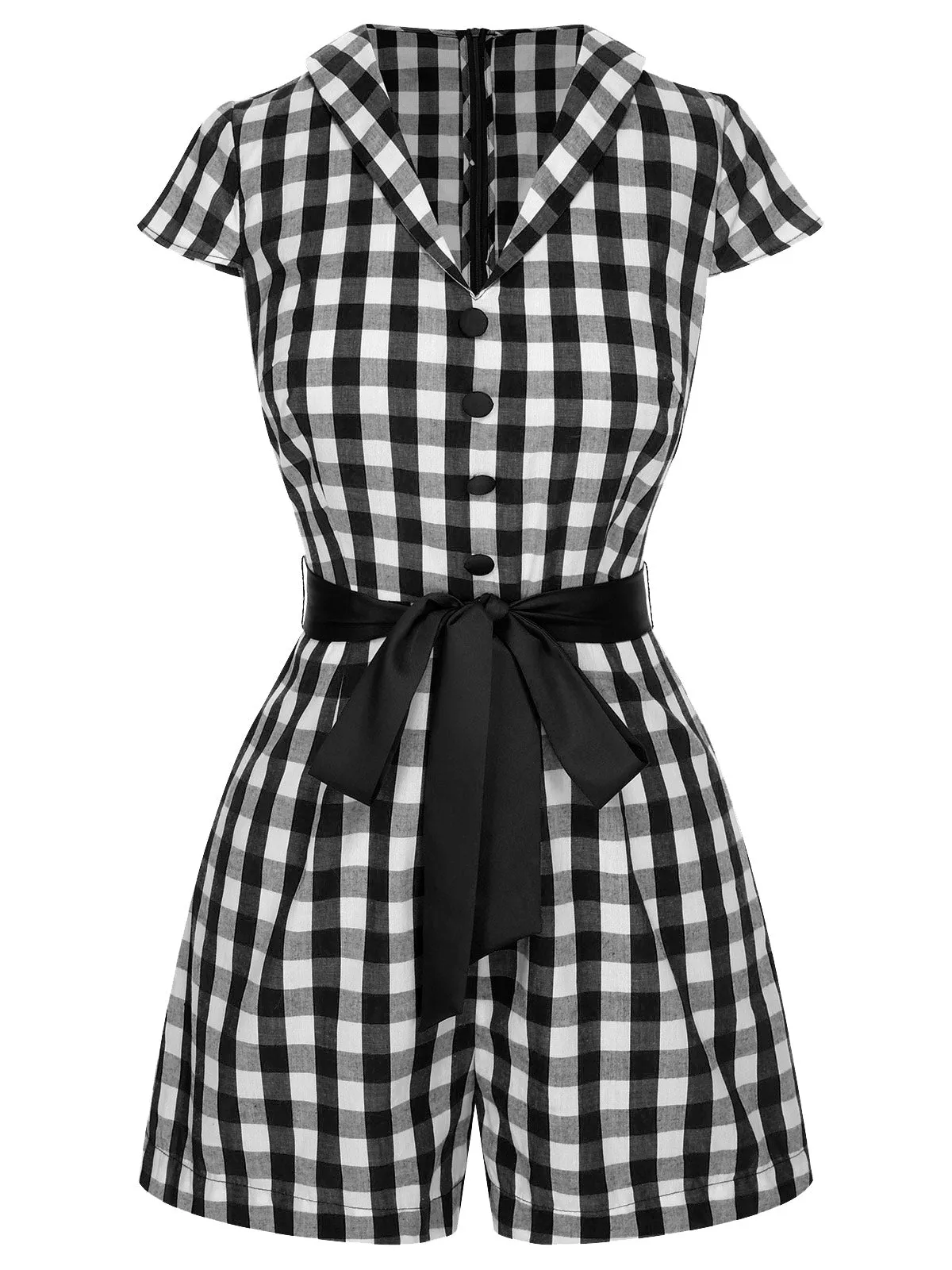Black 1940s Lapel Plaids Belted Romper sold by Retro Stage