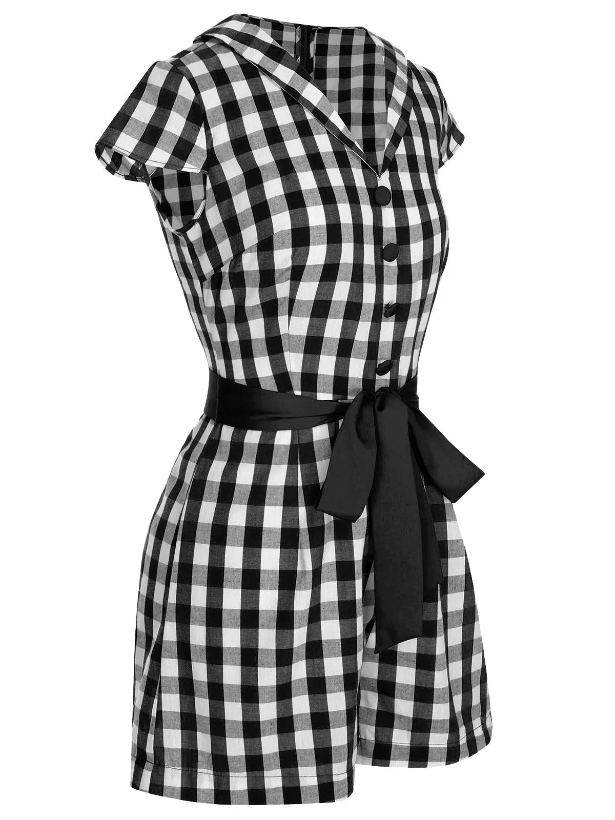Black 1940s Lapel Plaids Belted Romper sold by Retro Stage product image thumbnail 2