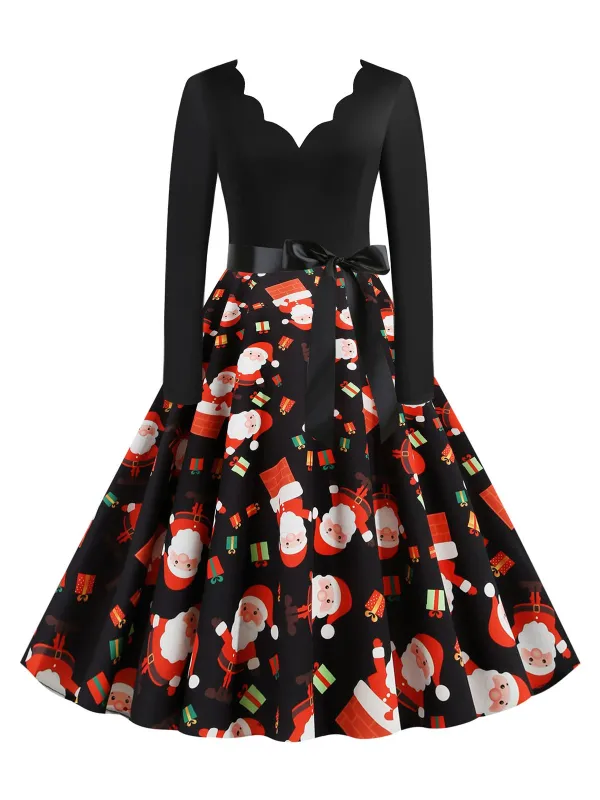 Black 1950s Christmas V-Neck Santa Claus Dress sold by Retro Stage