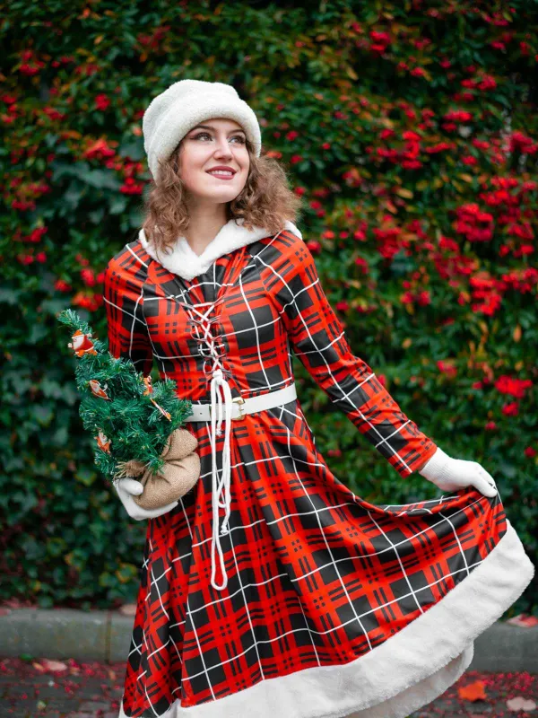 Red 1950s Plaid Lace-up Hooded Dress sold by Retro Stage
