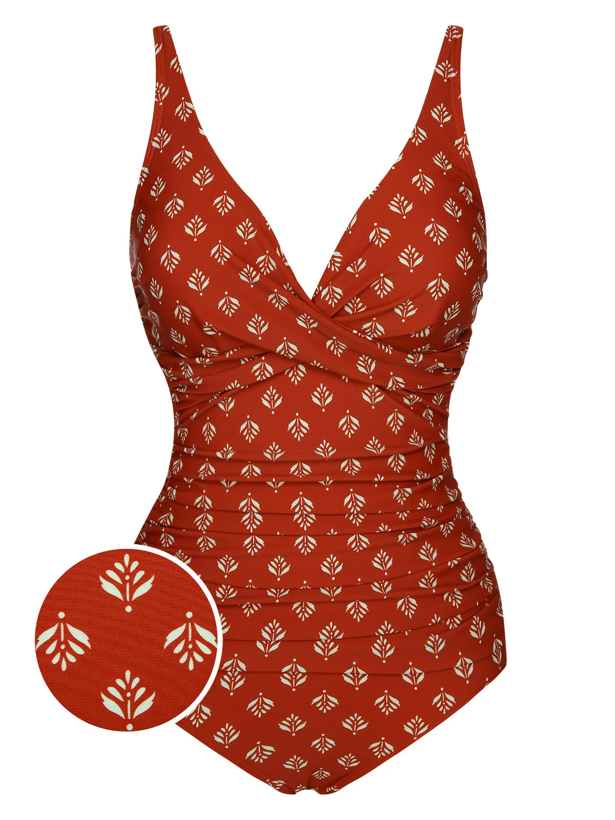Fire Brick Red 1940s Leaves V-Neck Swimsuit sold by Retro Stage