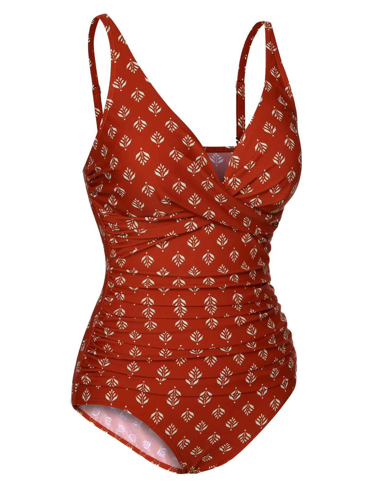 Fire Brick Red 1940s Leaves V-Neck Swimsuit sold by Retro Stage product image thumbnail 3