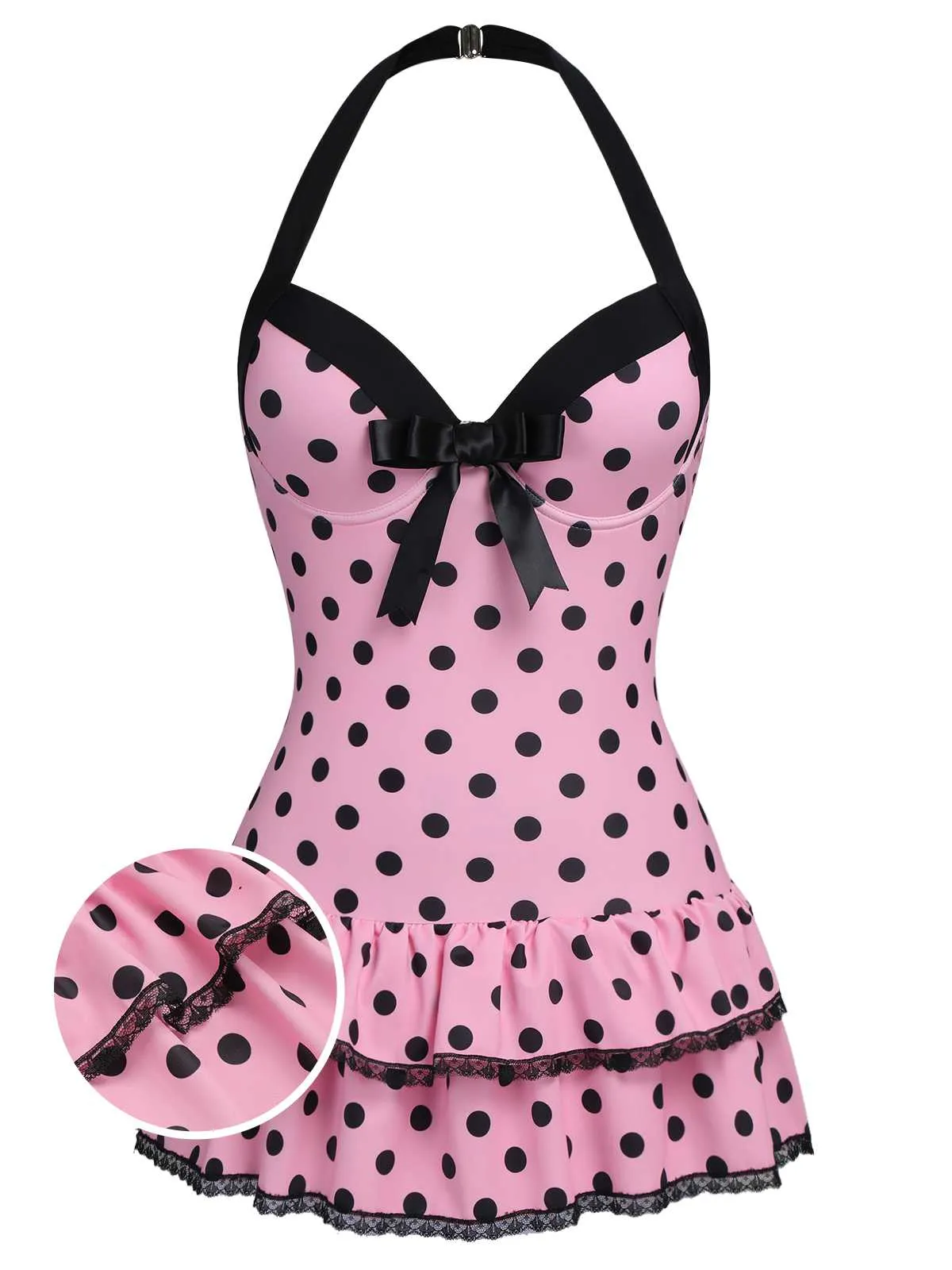 Pink 1940s Halter Polka Dots Bow One-Piece Swimsuit sold by Retro Stage product image thumbnail 3