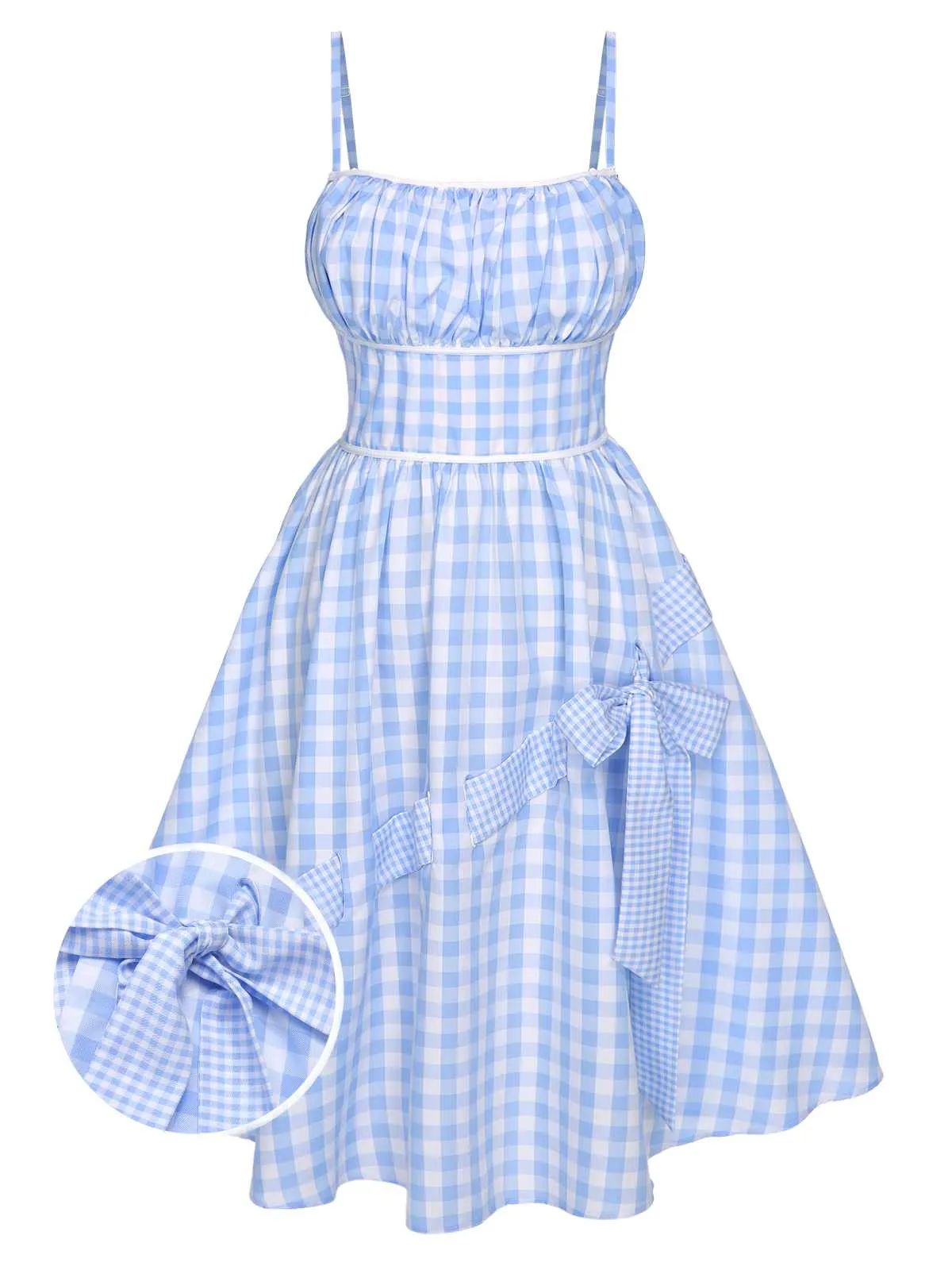 Blue 1950s Spaghetti Strap Plaids Bow Decor Dress sold by Retro Stage product image thumbnail 2