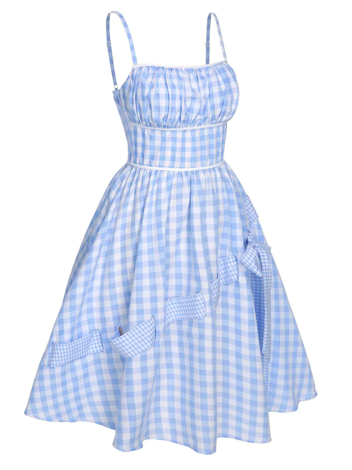 Blue 1950s Spaghetti Strap Plaids Bow Decor Dress sold by Retro Stage product image thumbnail 4
