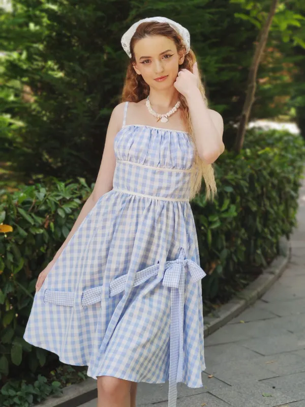 Blue 1950s Spaghetti Strap Plaids Bow Decor Dress sold by Retro Stage