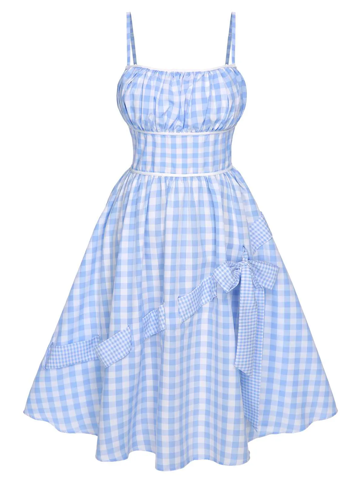 Blue 1950s Spaghetti Strap Plaids Bow Decor Dress sold by Retro Stage product image thumbnail 3