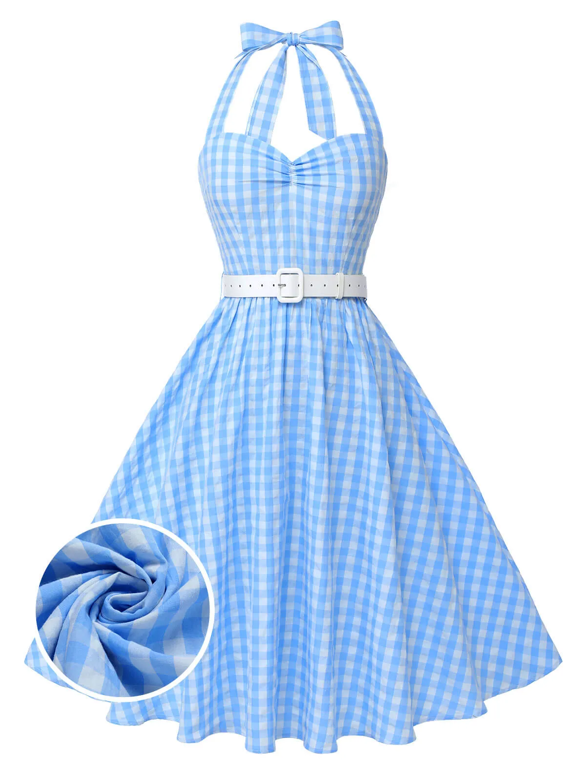 Light Blue 1950s Plaid Halter Swing Dress sold by Retro Stage product image thumbnail 3