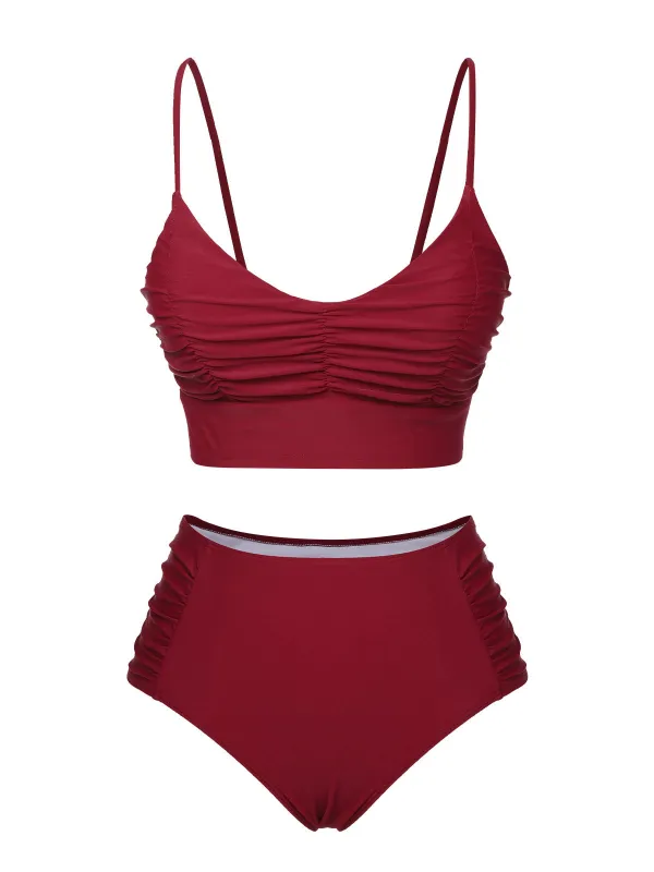 Wine Red 1930s Solid Wrinkle Swimsuit sold by Retro Stage