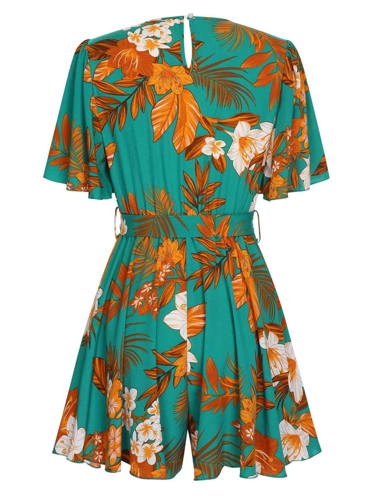 Green 1970s V-Neck Ruffle Sleeves Romper sold by Retro Stage product image thumbnail 2