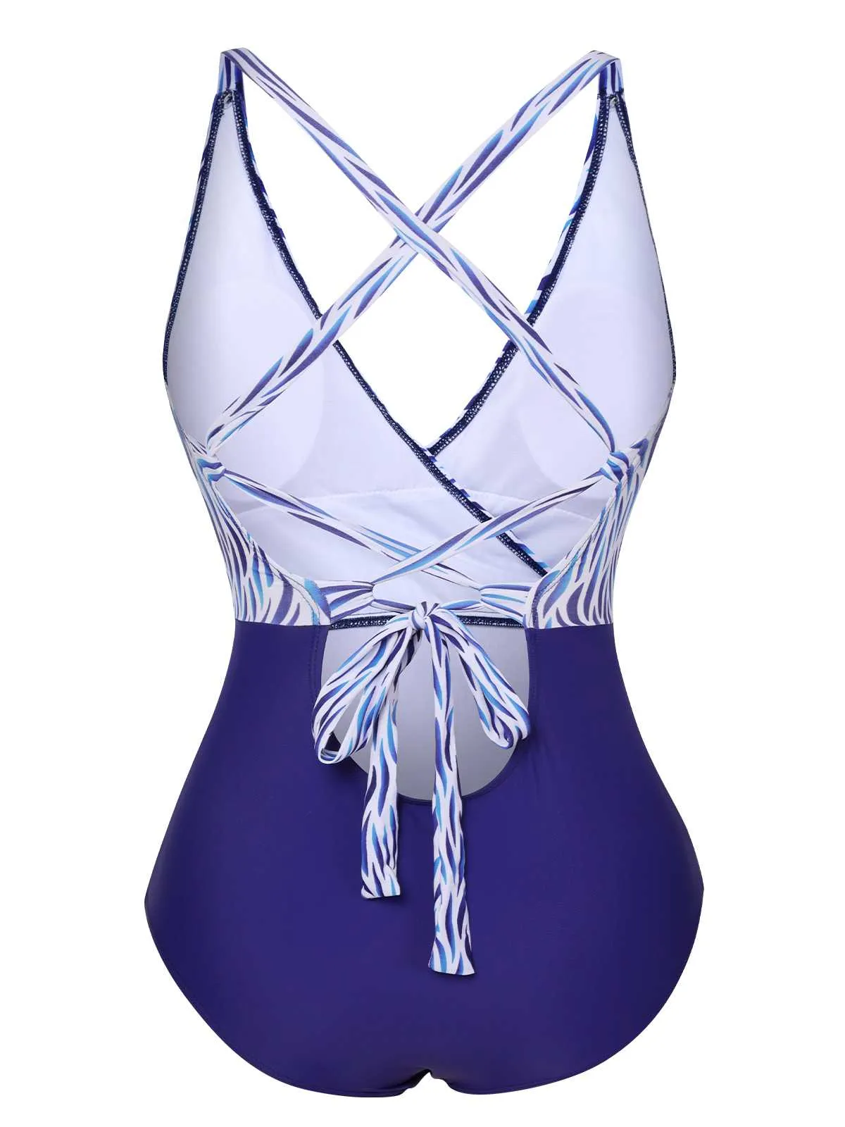 Blue 1930s Strap Stripes Patchwork One-Piece Swimsuit sold by Retro Stage product image thumbnail 3