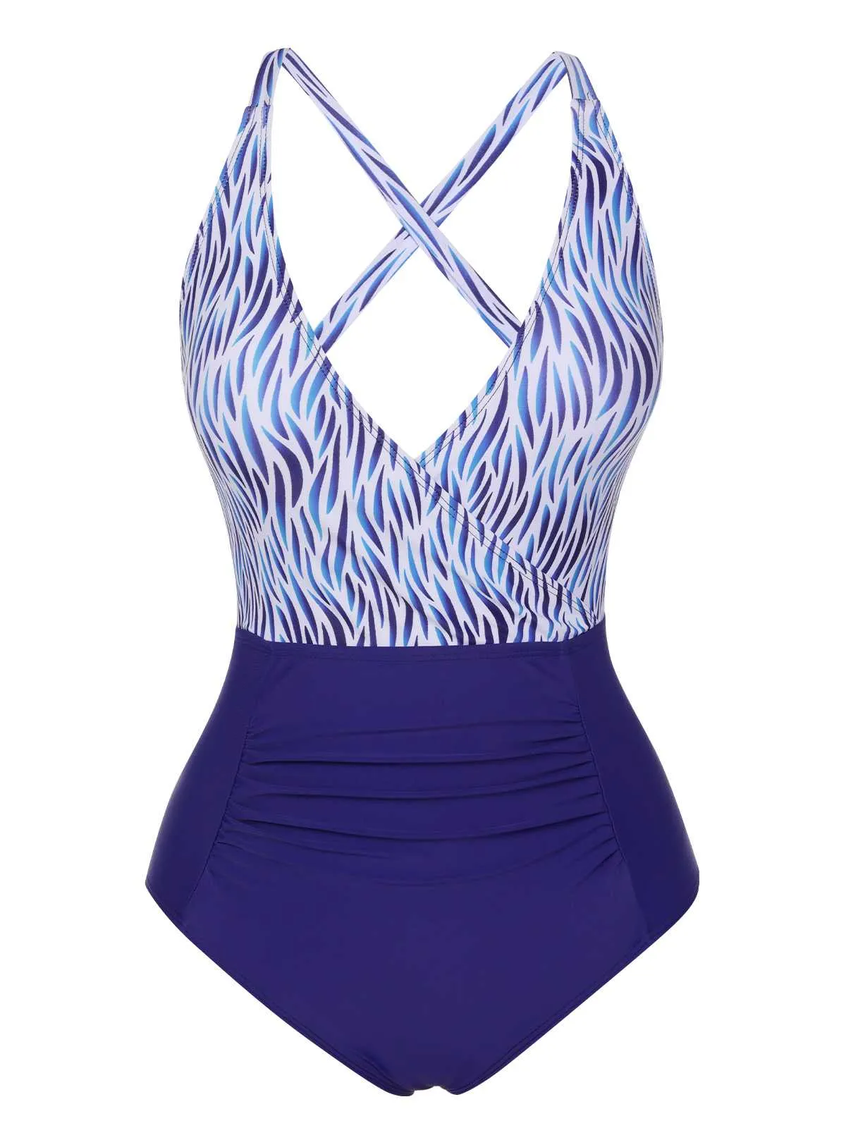 Blue 1930s Strap Stripes Patchwork One-Piece Swimsuit sold by Retro Stage