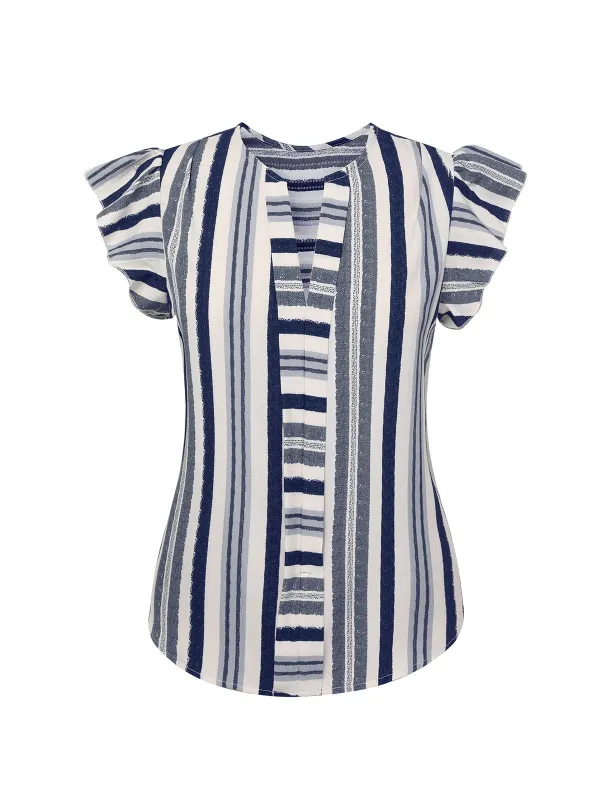 Multicolor 1940s Striped Ruffles V-Neck Cap Blouse sold by Retro Stage