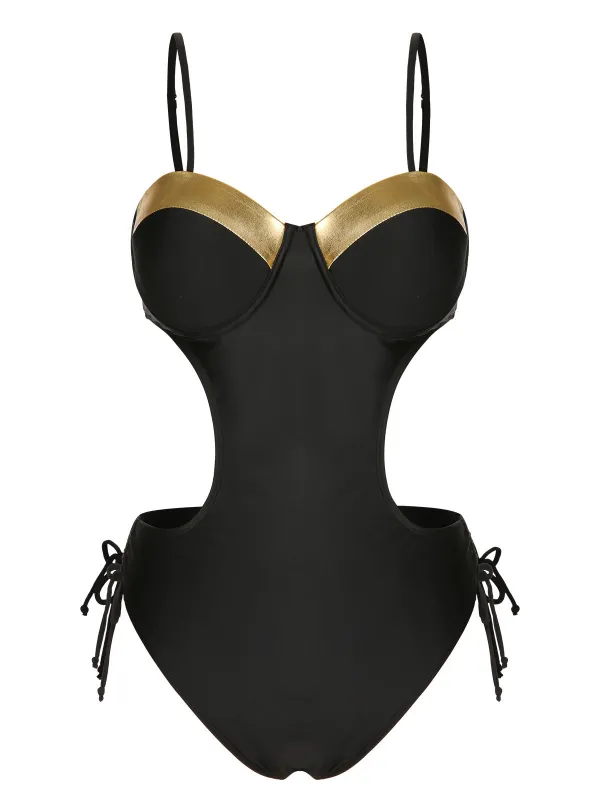Black 1970s Spaghetti Strap Hollow One-Piece Swimsuit sold by Retro Stage