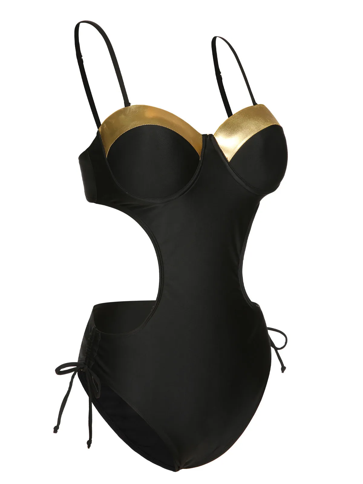 Black 1970s Spaghetti Strap Hollow One-Piece Swimsuit sold by Retro Stage product image thumbnail 2