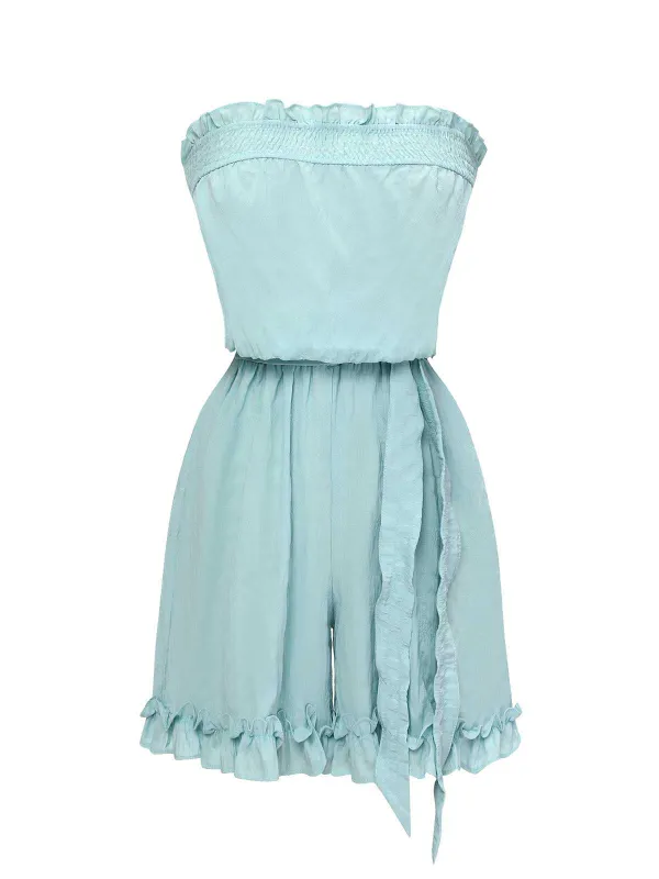 Blue 1950s Bandeau Ruffles Belted Romper sold by Retro Stage
